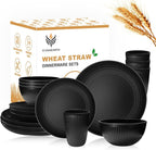 Wheat Straw Dishes Set for 4, Dinnerware Sets 16 piece, Unbreakable Plates, Bowls, Cups Sets for Kitchen Parties Camping RV - Black