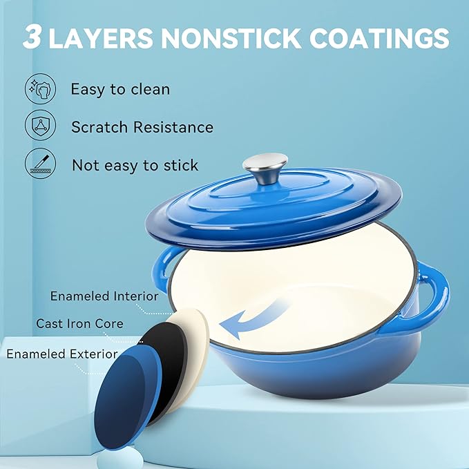 Oval Dutch Oven for Bread Baking, 4.5 Quart Non Stick Enameled Cast Iron Dutch Oven Pot with Lid, Oven Safe Oval Casserole with Lid up to 500°F for Baking, Braising, Stews, Roasting (Blue)