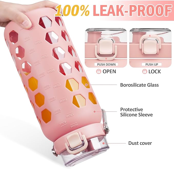 MUKOKO 64oz Glass Water Bottles with Straw and Lid,Half Gallon Water Bottle with Time Marker,Large Glass Water Jug with Silicone Sleeve and Stainless Steel Handle-Pink