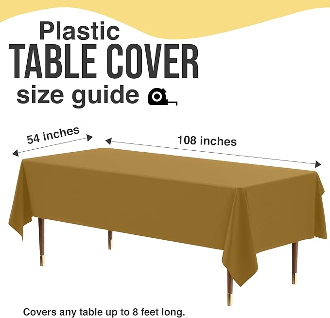 Exquisite 66% Thicker Premium Plastic Table Cloth Rectangle Table Cover 0.5 Mil 12 Pack Gold Table Cloth 54 Inch x 108 Inch Disposable Tablecloth Won't Tear Easily Like Cheap Thin Brands