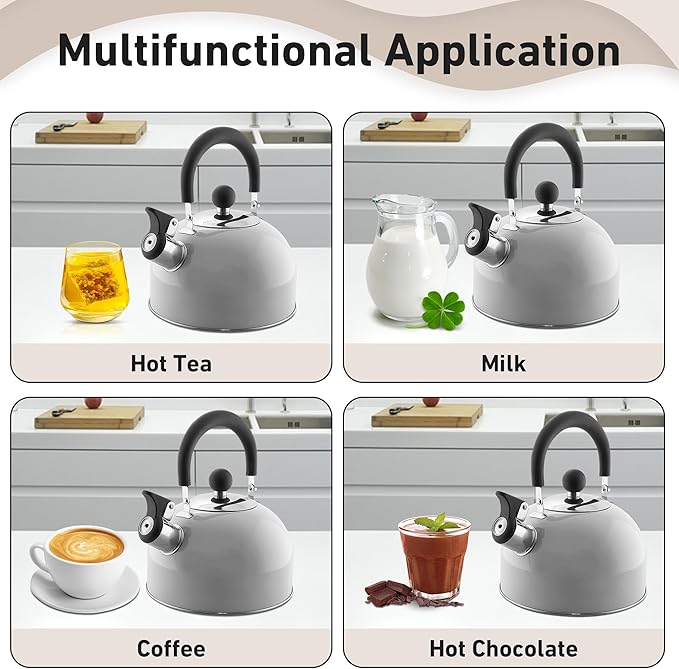 Lily's Home 2 Quart Whistling Tea Kettle, Stainless Steel Stovetop Kettle for Gas & Induction Tops, Classic Whistle Spout, Cool-Touch Handle for Safe Pouring - Perfect for Home, Kitchen, Dorm