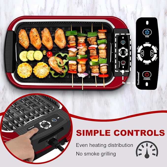 Techwood Smokeless Grill 1500W indoor Grill with Tempered Glass Lid, Compact & Portable Non-stick BBQ Grill, Turbo Smoke Extractor Technology, Drip Tray& Removable Plate