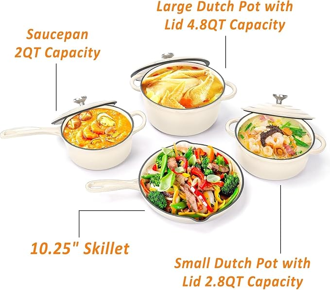 Hisencn Enameled Cast Iron Cookware Set - 7 Piece Dutch Ovens Set, Sauce Pan, Skillet, 3 Lids, Pots and Pans Set, Ceramic Coated Cast Iron, Heavy Duty, Gas/Induction Compatible, PFA Free