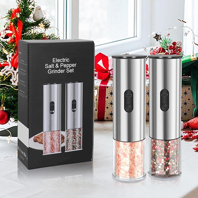 Electric Salt and Pepper Grinder Set, Rechargeable Salt and Pepper Shakers Refillable, Automatic Pepper Mill with Adjustable Coarseness, One Hand Operation with LED light, Stainless Steel