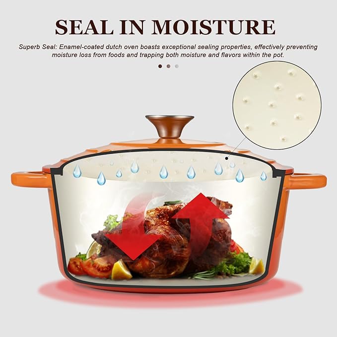 Overmont Enameled Cast Iron Dutch Oven - 7QT Pot with Lid Cookbook & Cotton Potholders - Heavy-Duty Cookware for Braising, Stews, Roasting, Bread Baking orange