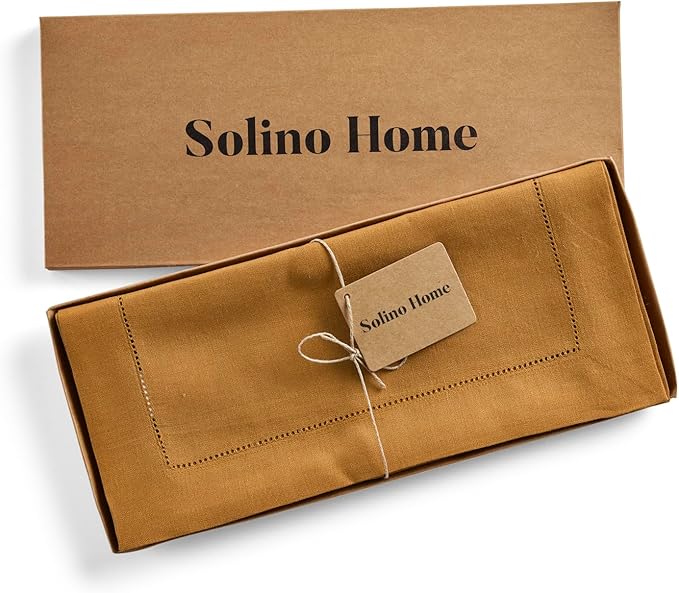 Solino Home Linen Hemstitch Table Runner 60 Inches - 100% Pure Linen Brown Sugar Hemstitch Table Runner 14 x 60 Inch Ideal for Dresser and Coffee Tables - Summer, Fall, Autumn - Classic Hemstitch