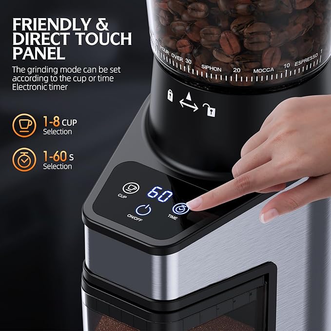 Burr Coffee Grinder Electric, Coffee Bean Grinder with 60 Adjustable Grind Settings for Home Use, Espresso Grinder with 60s Precision Timer & 1-8 Cup, Anti-static, Stainless Steel, Black(updated)