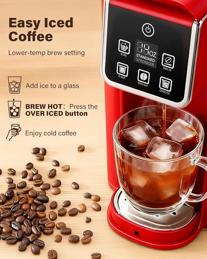 SHARDOR Single Serve Coffee Maker, Hot & Iced Coffee Machine for K Cup and Grounds, 6 to 14 oz Brew Sizes, 50 oz Removable Water Tank, Bold Brew Setting, Pod Coffee Maker with Reusable Filter, Red