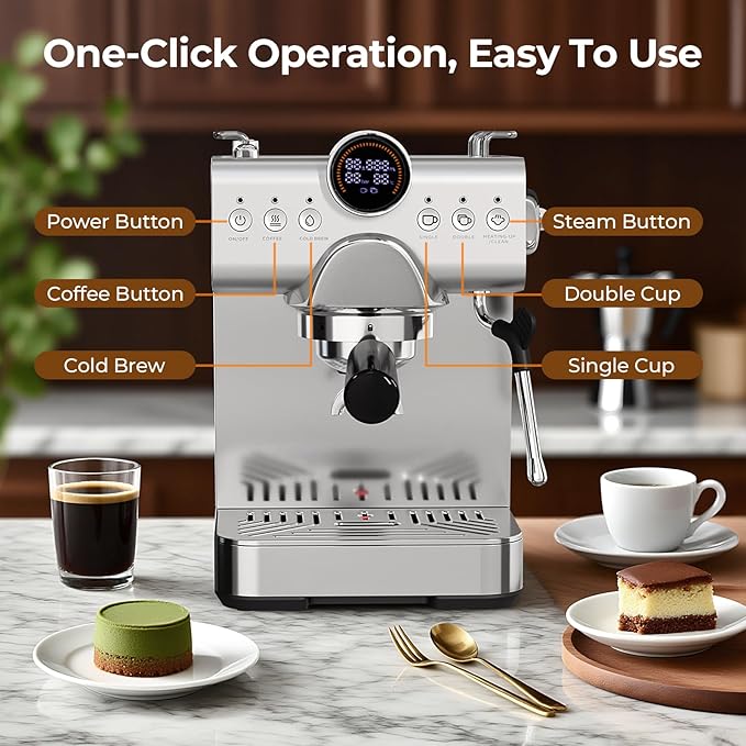 20 Bar Espresso Machine,Compact Stainless Steel Cold Brew & Hot Coffee Machine with Steam Wand,LED Display,50 oz Removable Water Tank,Cappuccino Machine for Home,Semi-Automatic,Silver