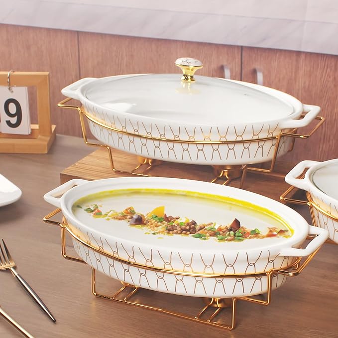 11" x 7.5" Ceramic Oval Casserole Dish with Glass Lid and Gold rack, 40 Ounce Serving Soup Tureen,Chafing Dish for Buffet, Family Food preserve Tray, Catering Casserole for Party Style, White