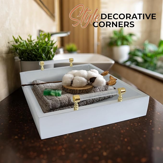 Rectangle Serving Tray with Handles - for Coffee Table, Breakfast, Dinner Kitchen Living Room Bedroom, Home Decor for All Occasions, Silver, Size M