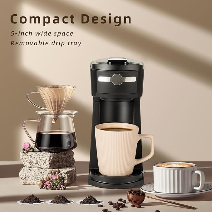 Single Serve K Cup Coffee Maker 2 in 1Machine,6 to 14 0z Brew Sizes,Auto Shut Off& Reusable Filter,Use Coffee Capsule&GroundCoffee&Loose Leaf Tea,Iced Coffee,Black