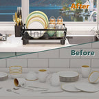 Iron Dish Drying Rack with Drainboard Dish Drainers for Kitchen Counter Extendable Spout Strainers with Utensil Holder and Knife Slots, Black