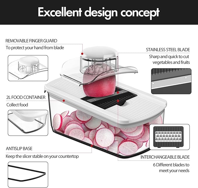 Cambom Mandoline Slicer Vegetable Slicer With 2 L Container for Potatoes, Tomatoes, Cucumbers, Carrots With 10 Blades White