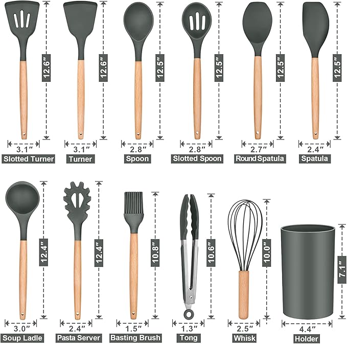 P&P CHEF Silicone Cooking Utensils Set, 12PCS Kitchen Utensils Set with Wooden Handle for Nonstick Cookware, Ladle, Spoon, Spatula, Tong, Heat-resistant & Non-scratch, Non Smell & Healthy, Gray