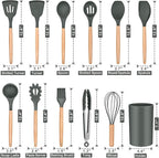 P&P CHEF Silicone Cooking Utensils Set, 12PCS Kitchen Utensils Set with Wooden Handle for Nonstick Cookware, Ladle, Spoon, Spatula, Tong, Heat-resistant & Non-scratch, Non Smell & Healthy, Gray