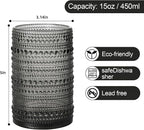 Vintage Glassware Drinking Glasses Set of 6,15 oz Hobnail Glass Cups,Embossed Grey Water Tumbler,for Beer,Cocktail,Whiskey,Juice and Various Mixed Drinks- 1 Cleaning Brush