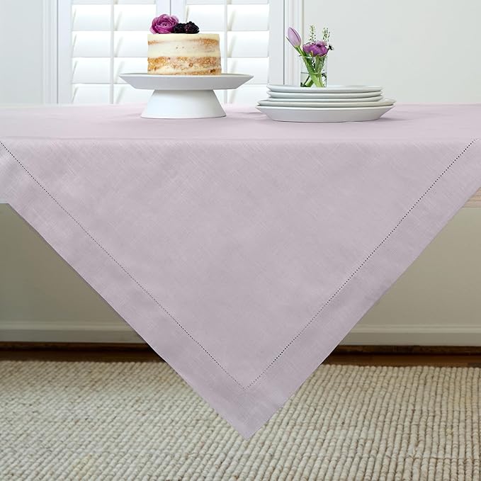 Solino Home Lilac Linen Tablecloth 52 x 52 Inch - 100% Pure Linen Square Table Throw - Classic Hemstitch, Machine Washable Table Cloth for Summer