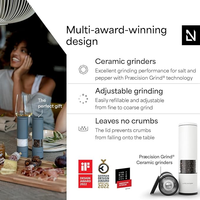 LARS NYSØM Salt and Pepper Grinder Set 2 pieces I Salt Pepper Mill with Adjustable Ceramic Grinder I Design Spice Grinder Set Manual (Black/White)
