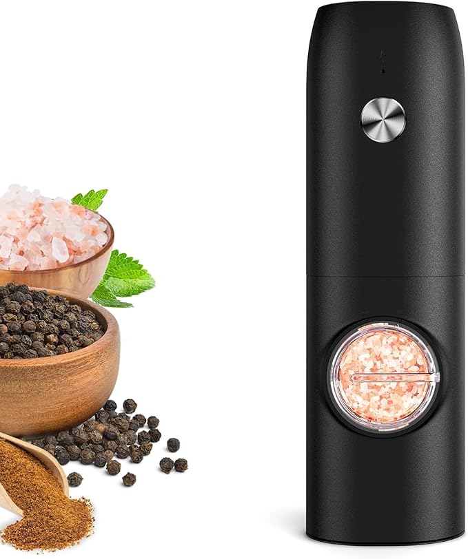 Electric Salt and Pepper Grinder Set：Rechargeable Automatic Pepper Mill Grinder with LED Light, Adjustable Coarseness shakers, One-Hand Operation for Kitchen(1 Pack,Black)