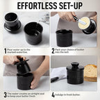 Zulay Kitchen Porcelain Butter Crock With Lid & Knife - Authentic French Butter Dish Keeper For Fresh & Spreadable Butter - Black Bell Shaped