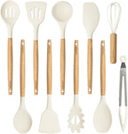 CAROTE Silicone Cooking Utensils Set, Kitchen Utensils Set 10 Pcs for cooking, BPA Free Spatula Set with Heat Resistant Wood Handles for Nonstick Cookware (Cream White)