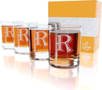 On The Rox Drinks (R-Monogram)- 4 Piece Set of 11 Ounce Engraved Heavy Base Rocks Glasses Elegant Glass-Multi-Purpose Beverage-Rocks Glass- Gift for any Occasion