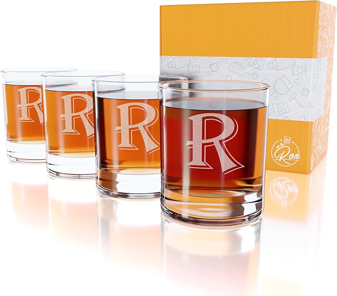 On The Rox Drinks (R-Monogram)- 4 Piece Set of 11 Ounce Engraved Heavy Base Rocks Glasses Elegant Glass-Multi-Purpose Beverage-Rocks Glass- Gift for any Occasion
