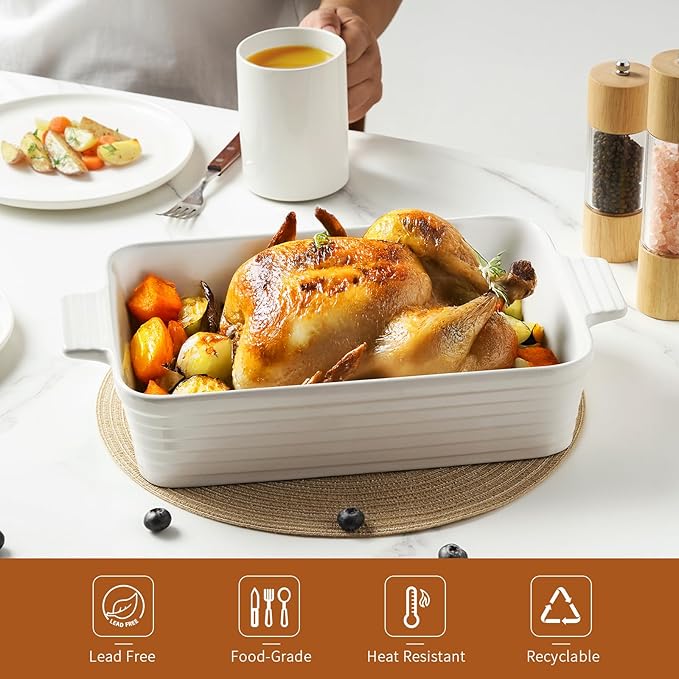 Jassceram Casserole Dishes for Oven, 9x13 Large Porcelain Baking Dish, 4.5-Quart Deep Rectangular Baking Pan with Handles for Lasagna, Roasting, Oven and Dishwasher Safe, Great Kitchen Gift, White