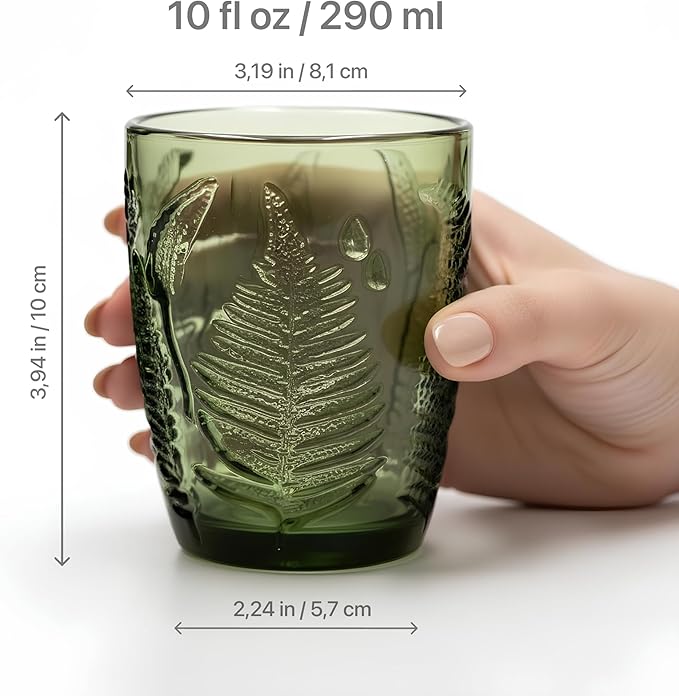 Vintage Drinking Glasses Set Of 4-10 oz Textured Green Glass Cups, Cute Green Glassware for Home & Bar, Retro Style Embossed Drinkware, Unique Decorative Cocktail Cup Sets - Heavy Duty & Durable