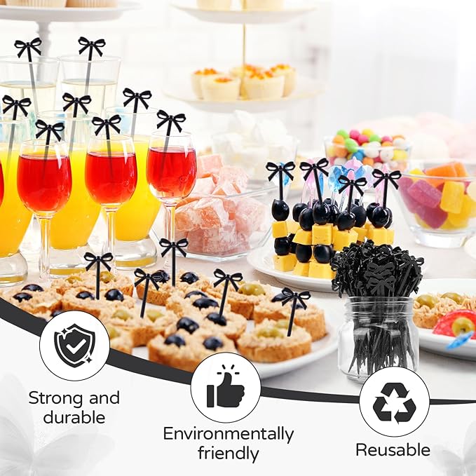 100Pcs Bow Cocktail Picks Party Toothpicks Christmas Black Plastic Fruit Skewers Bow Drink Stirrers Cupcake Toppers Fancy Toothpick for Appetizers Drinks Wedding Coquette Birthday Bow Party Decor