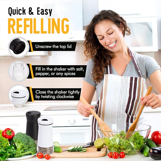 The Original Salt and Pepper Shakers set - Black & White - Spice Dispenser with Adjustable Pour Holes - Stainless Steel & Glass - Set of 2 Bottles