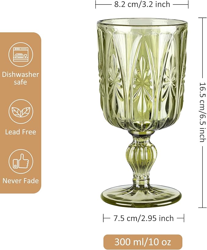 Joeyan Green Vintage Glass Wine Goblet,10 oz Embossed Stemmed Wine Glasses with Floral Design,Colored Drinking Glasses for Christmas Party Wedding Table Decor,Set of 4,Dishwasher Safe