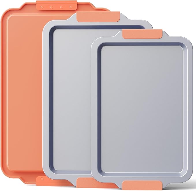 BRONYPRO Non Stick Ceramic Baking Sheet Pan Set of 3, Natural Non Toxic Cookie Sheets for Baking - PFOA, PTFE Free, Heavy Duty Aluminized Steel Oven Trays for Cooking with Silicone Handles, Coral