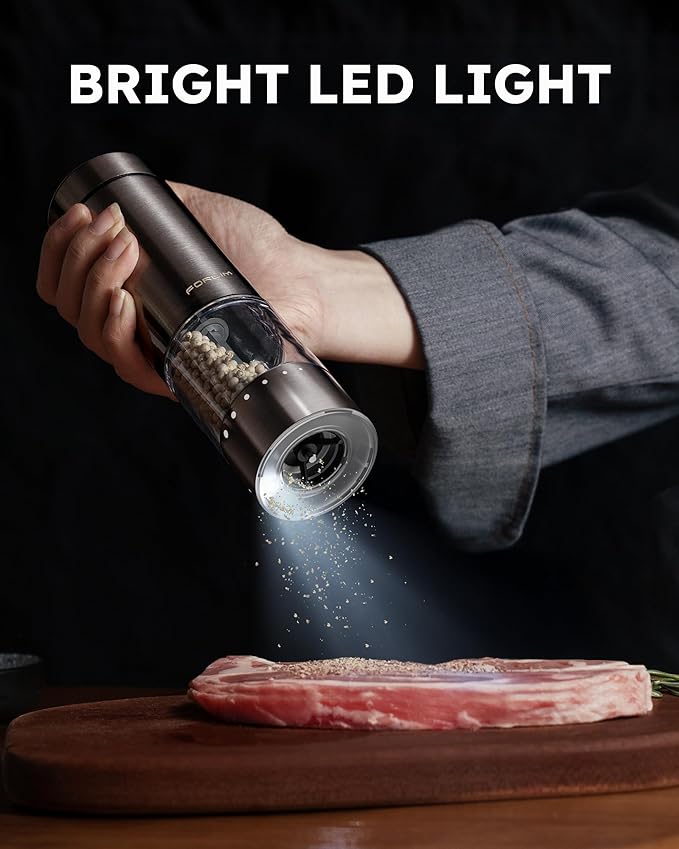 FORLIM Rechargeable Electric Salt and Pepper Grinder Set - Automatic One-Handed Operation Mill with Light (2 Mills) - Electronic Adjustable Shakers - Ceramic Grinder - Gunmetal Gray