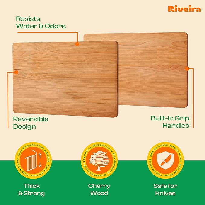 Riveira Cherry Wood Cutting Board – Gourmet Black Cherry Grandeur: 15 x 10 Wooden Cutting Board – Wooden Cutting Boards For Kitchen Decorative – Innovative Juice Grooves Cherry Wooden Chopping Board