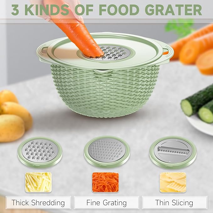 4-1 Strainer Bowl with Lid Set - Strainers and Colanders - Colanders for kitchen - Food Strainer with Graters & Spoons - Fruit Washing Bowl with Colander Pasta Rice Strainer for Veggie Wash Green