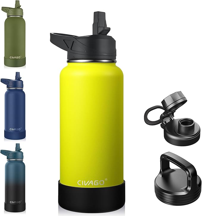 CIVAGO 32 oz Insulated Water Bottle With Straw, Stainless Steel Sports Water Cup Flask with 3 Lids (Straw, Spout and Handle Lid), Wide Mouth Travel Thermal Mug, Firefly Yellow