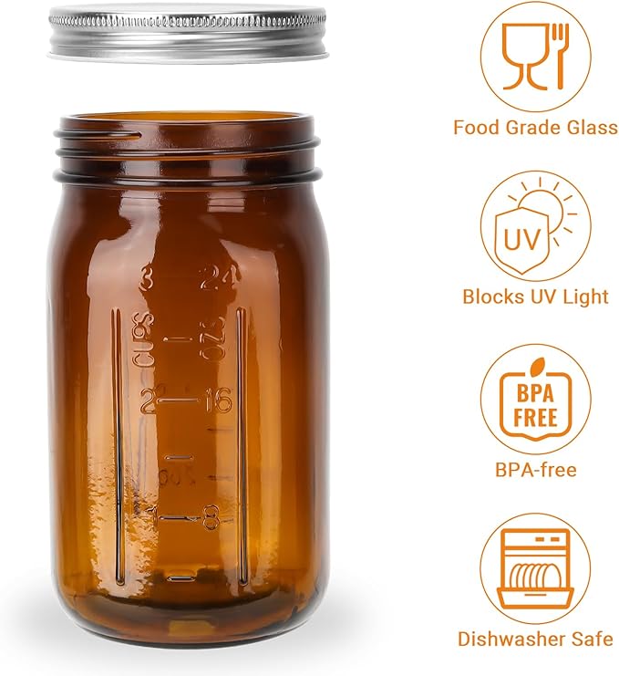 DHSBTLS 32 oz Glass Mason Jars, 6 Pack Amber Wide Mouth Glass Canning Jars with Silver Aluminum Lids and Bands, Airtight Jars for Food Storage, Canning, Overnight Oats, Fermenting, Pickling, Decor