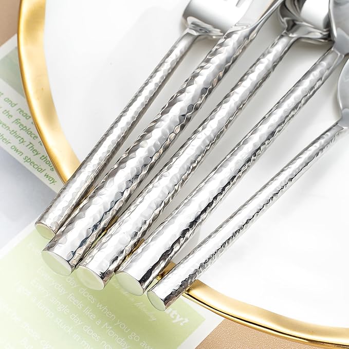 Hammered Silverware Set,Zerophilo Flatware Set 20 Pieces 18/10 Stainless Steel Cutlery Set for 4 Mirror Polished,Dishwasher Safe