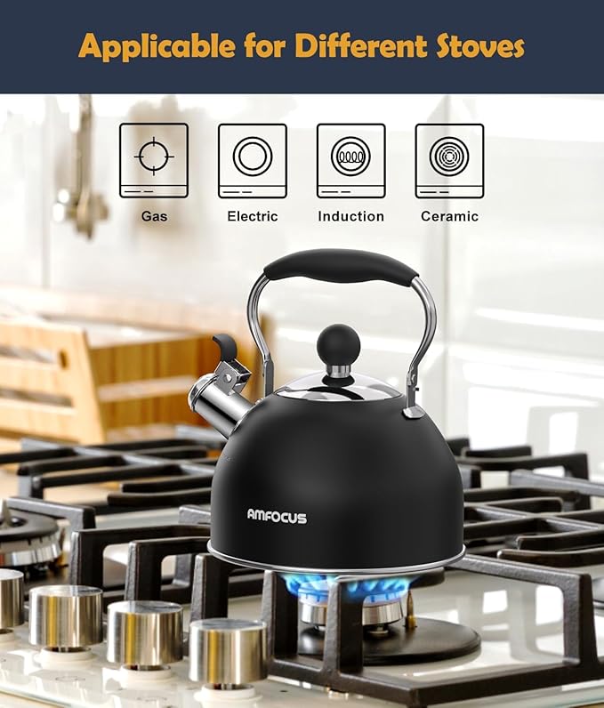 Tea Kettle, 2 Quart Stainless Steel Whistling Tea Kettle, Stovetop Whistling Teakettle Tea Pots for Stove Top with Ergonomic Folding Handle, Small Teapot, Water boiler for Tea, Coffee (Black)