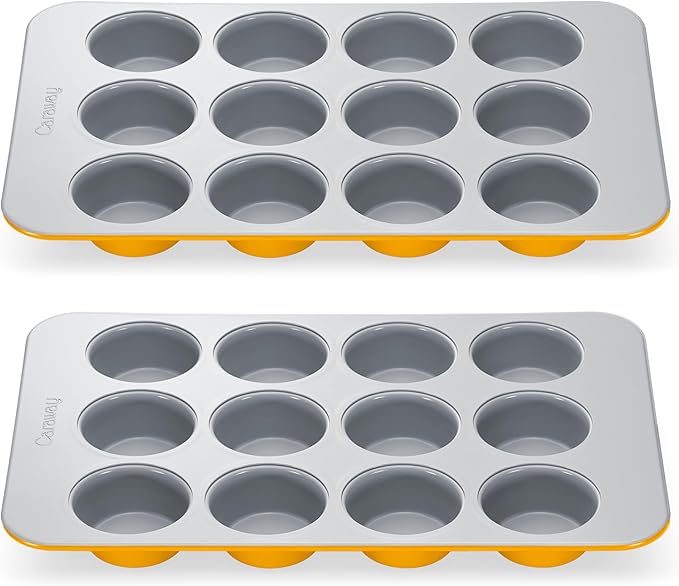 Caraway Non-Stick Ceramic 12-Cup Muffin Pan Duo - Naturally Slick Ceramic Coating - Non-Toxic, PTFE & PFOA Free - Perfect for Cupcakes, Muffins, and More - Marigold