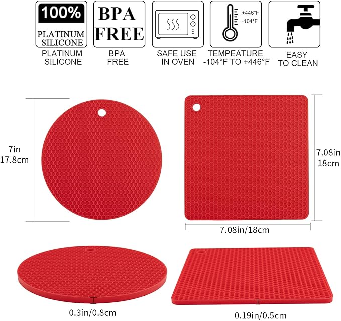 Silicone Trivets for Hot Pots and Pans, 4PCS Flexible Multipurpose Hot Pads Pot Holders, Heat Resistant Trivet Mats for Hot Dishes, Soft Non-Slip Silicone Mat for Kitchen Counter(Red)
