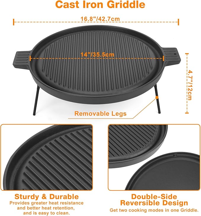 Onlyfire Griddle for Solo Stove Ranger, 14 Inch Double Sided Reversible Cast Iron Campfire Grill Pan with Detachable Legs for Solo Stove 15 Inch Fire Pit, Raised Top Cookware for Ranger Fire Pit