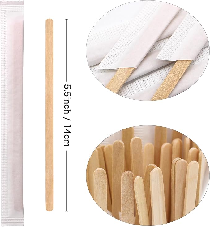 200PCS 5.5 in Individually Wrapped in Paper Wooden Coffee Stirrers, A+++Level Smooth Rounded Edges Wood Sticks for Daily Use or Other DIY Craft Design (200pcs)