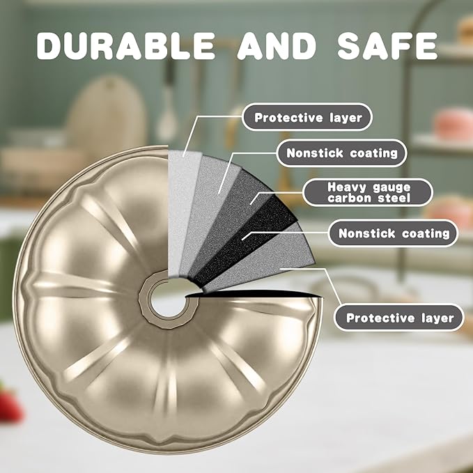 Bundt Cake Pan, 10-Inch Nonstick Round Fluted Tube Cake Baking Pan, Buntz Pound Cake Mold,Tube Bakeware,Baking Mold for Jello/Gelatin/Chocoflan/Flan, Non Toxic, Easy Clean - Gold