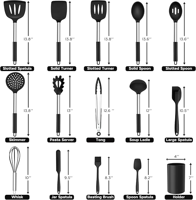 Kitchen Utensils Set, 15 Pcs Silicone Cooking Utensils Set with Holder and Heat Resistant Stainless Steel Handle for Nonstick Cookware - Black