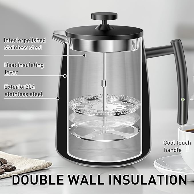 Secura 50oz French Press Coffee Maker – 304 Stainless Steel, Insulated Coffee Press with Extra Filter, Black