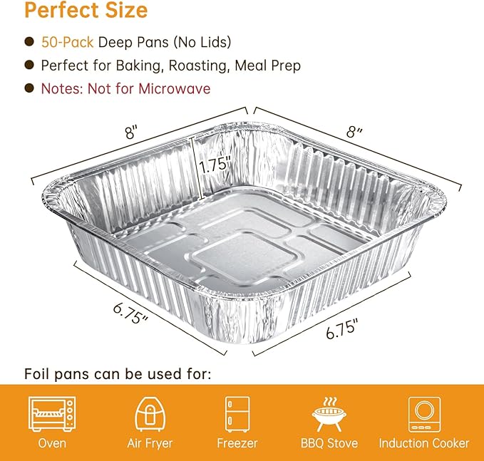 Aluminum Pans 8x8-50 Pack Disposable Baking Pans, 8 Inch Square Tin Foil Pans, Heavy Duty Aluminum Roasting Trays for Baking, Cooking, Heating, Storing, Prepping Food