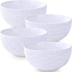 24 OZ Large Soup Bowls Set of 4, Farmhouse Embossment Ceramic Cereal Bowls for Salad, Serving, Fruit, Snack, Noodle, Ramen, Pho, Microwave & Dishwasher Safe, 6 Inch White